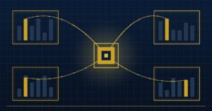 Abstract navy field with four gold-outlined containers whose gold holdings flow into one central gold block